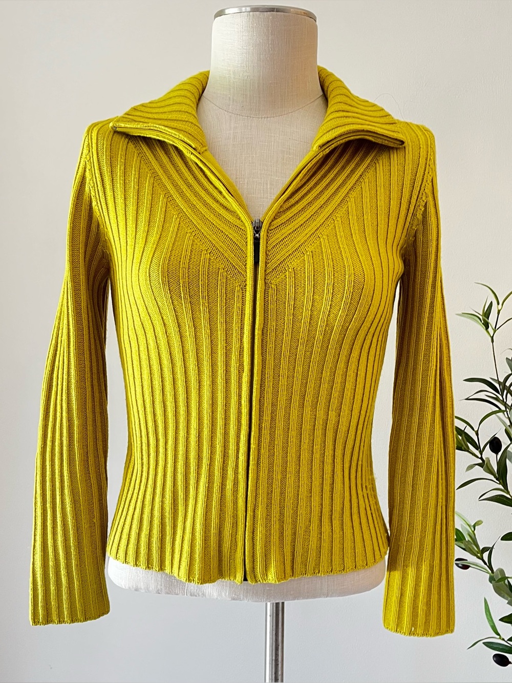 Vintage Dana Buchman Chartreuse Yellow Ribbed Zip Cardigan